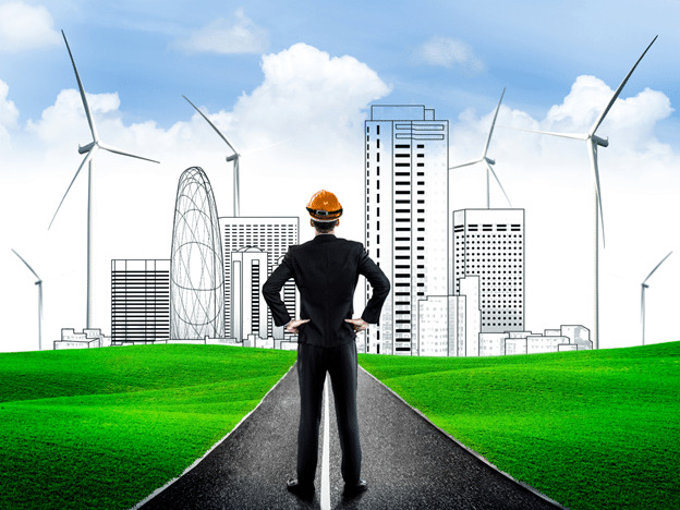 Pictured is an illustration of an urban planner or environmental engineer alongside potential Smart Growth strategies.