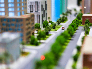 Pictured is an illustration of an urban community designed with smart growth strategies in mind.