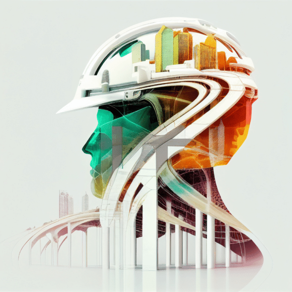 "Engineer's silhouette with civil engineering elements, representing diverse expertise"