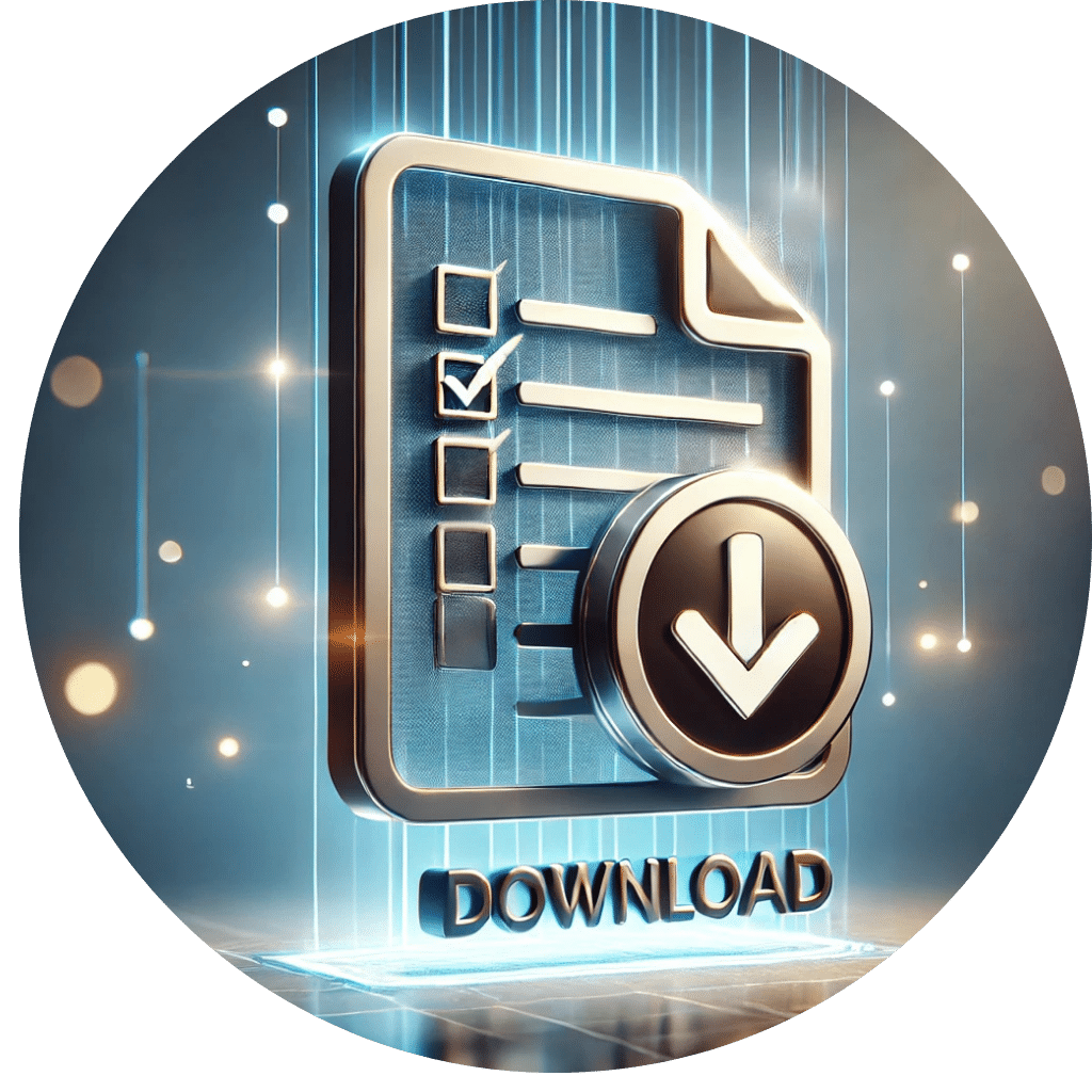 3D download checklist icon featuring a futuristic document with a glowing checkmark and a hovering download arrow.