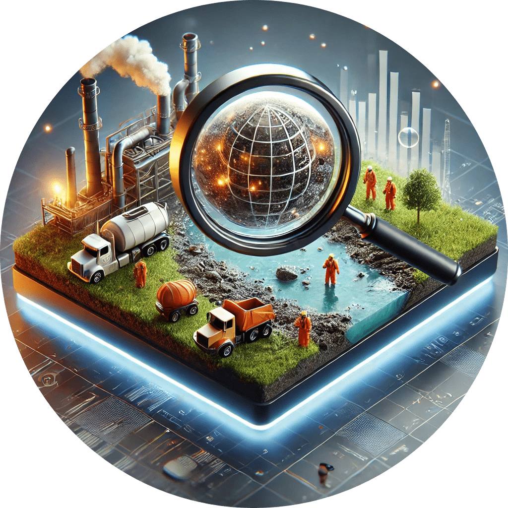 Environmental site assessment process with contamination analysis and remediation cleanup in progress, featuring industrial infrastructure, water testing, and construction vehicles.