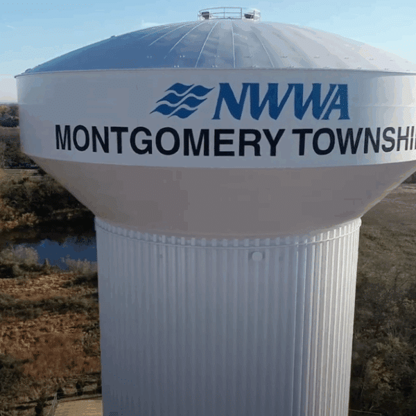 Widescreen view of the side of the top of the General Hancock Water Tank for North Wales Water Authority in Montgomery Township, Montgomery County, PA