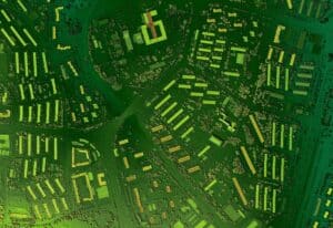 Digital elevation model. GIS product made after proccesing aerial pictures taken from a drone. It shows city urban area with roads and suburbs