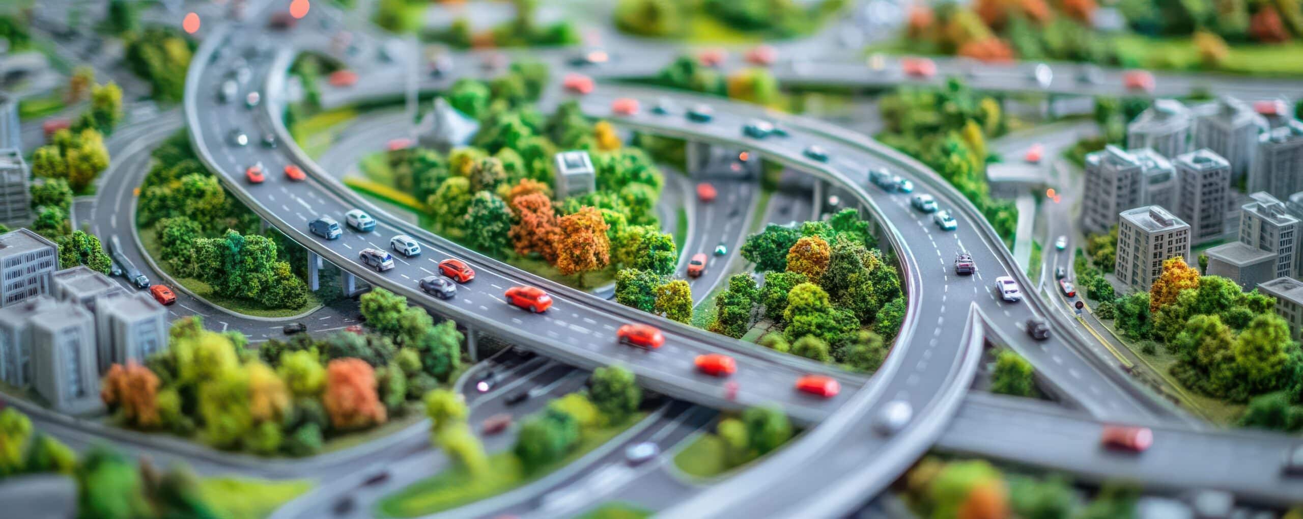 A traffic flow and transportation model, showing car movement patterns across a city