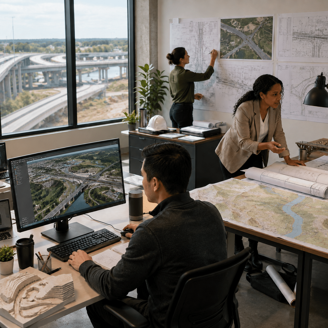 Employees working at an engineering and surveying firm
