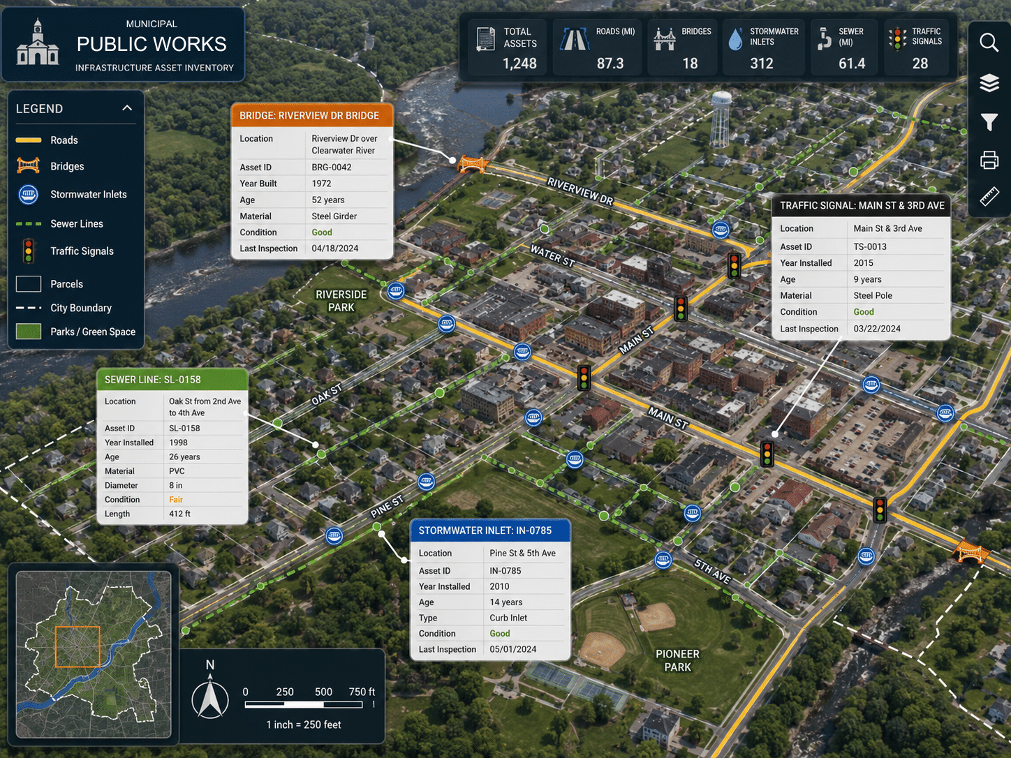GIS map dashboard of a municipal public works infrastructure