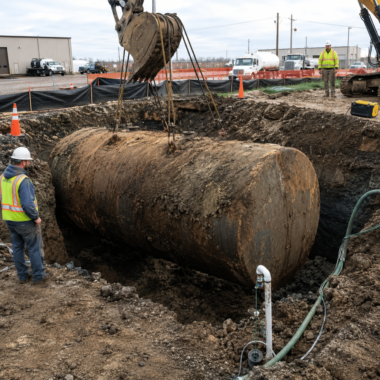 Environmental engineering firm removing an underground fuel storage tank