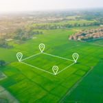 Illustration of a boundary survey in a green field