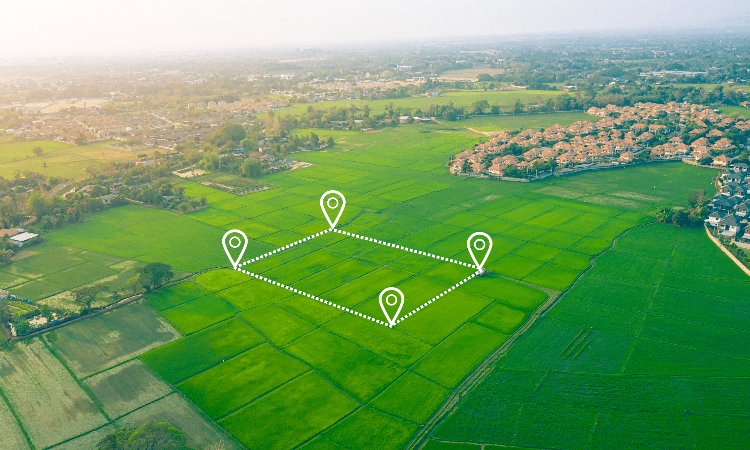 Illustration of a boundary survey in a green field