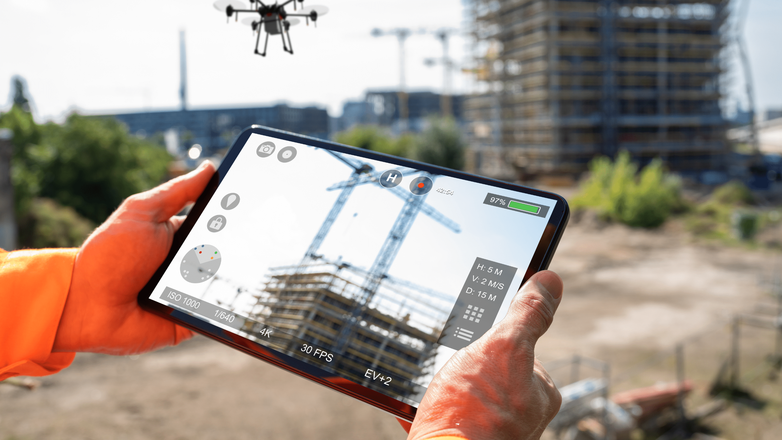 Drone surveying technology used at a construction site to capture aerial imagery and mapping data for engineering, planning, and project monitoring.