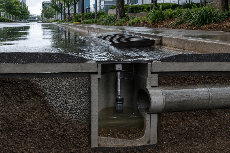 Cutaway view of a municipal stormwater drainage system collecting runoff from a roadway and directing flow through underground infrastructure.