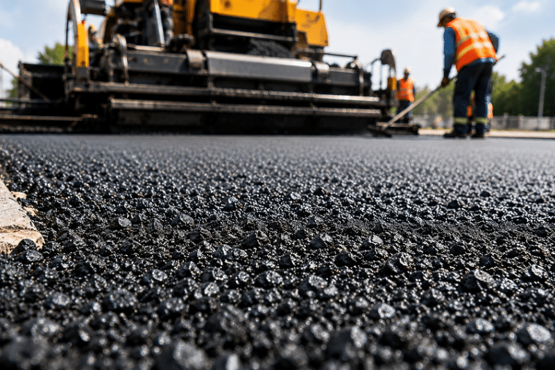 project showing paving equipment and construction workers improving transportation infrastructure for a local community.