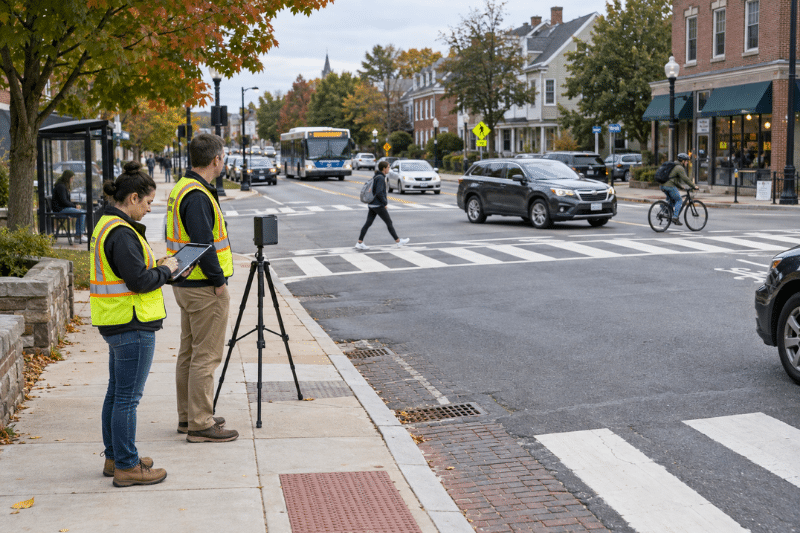 Traffic Engineers Assess Suburban Intersection