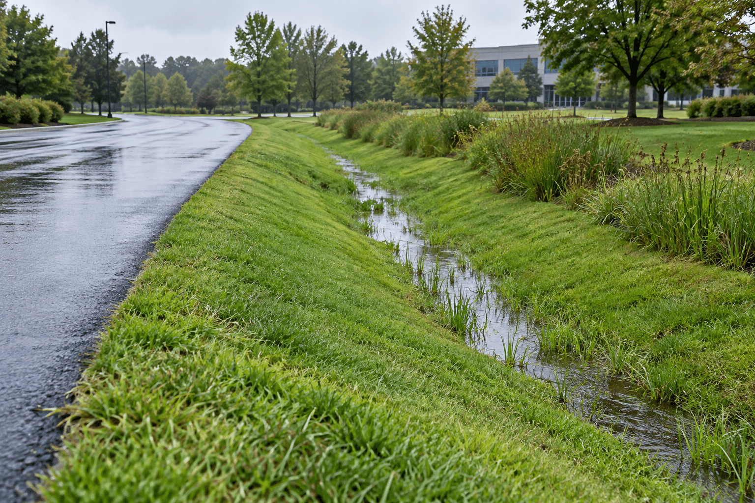 This version shows a shallow vegetated swale beside the road, with runoff collecting in the low area.
